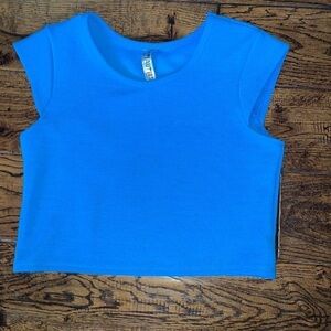 Beautees Blue Ribbed Cap Sleeve Crop Top